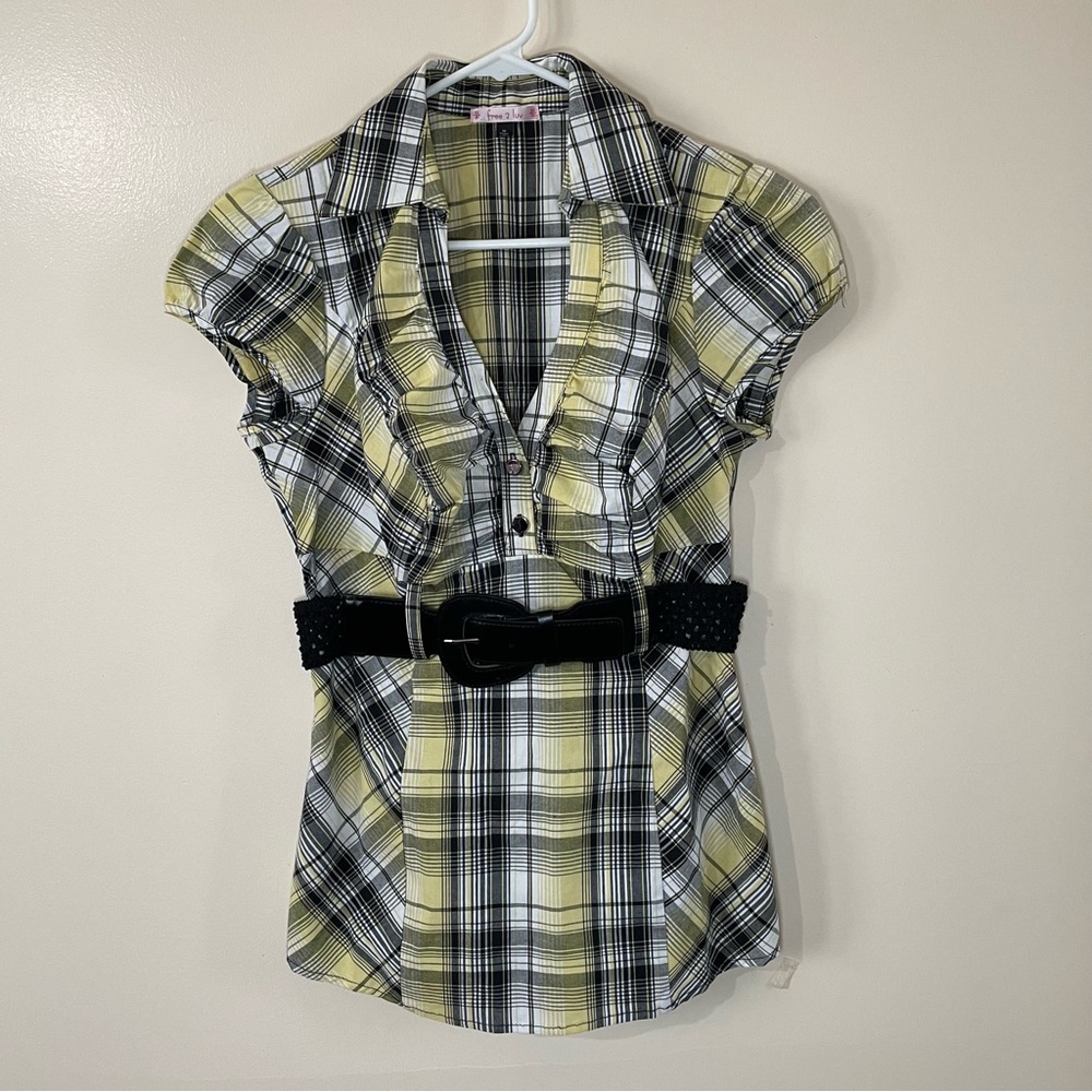 free 2 luv Women’s V-neck Button Down Collared Blouse with Waist Belt (size: M)